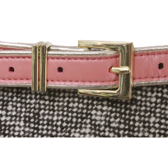 POLECI Black & Cream Tweed Wool A-Line Belted Skirt - Picture 3 of 4